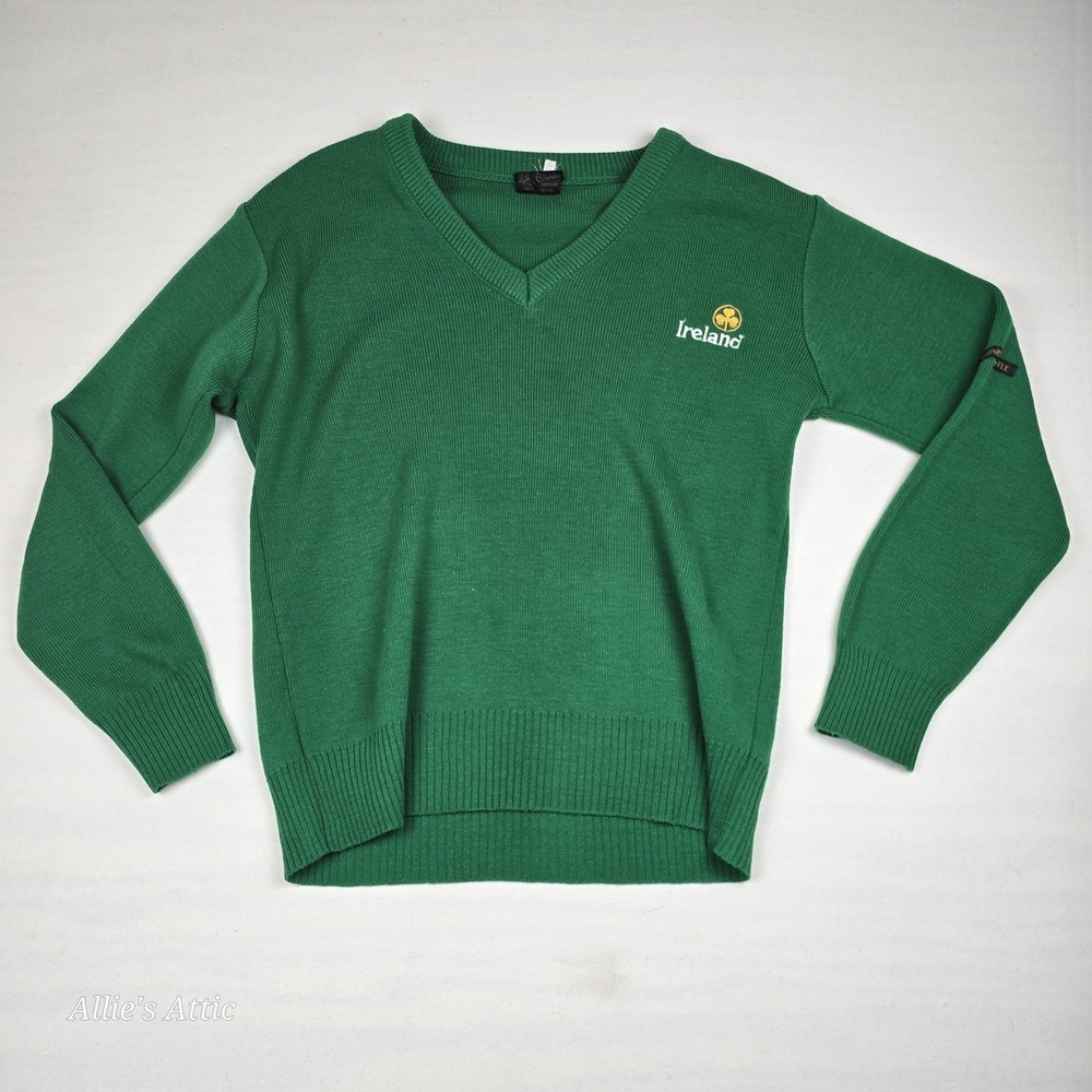 Vintage Ireland Blarney Castle Women XS Green V Neck Sweater St Patricks Day 80s